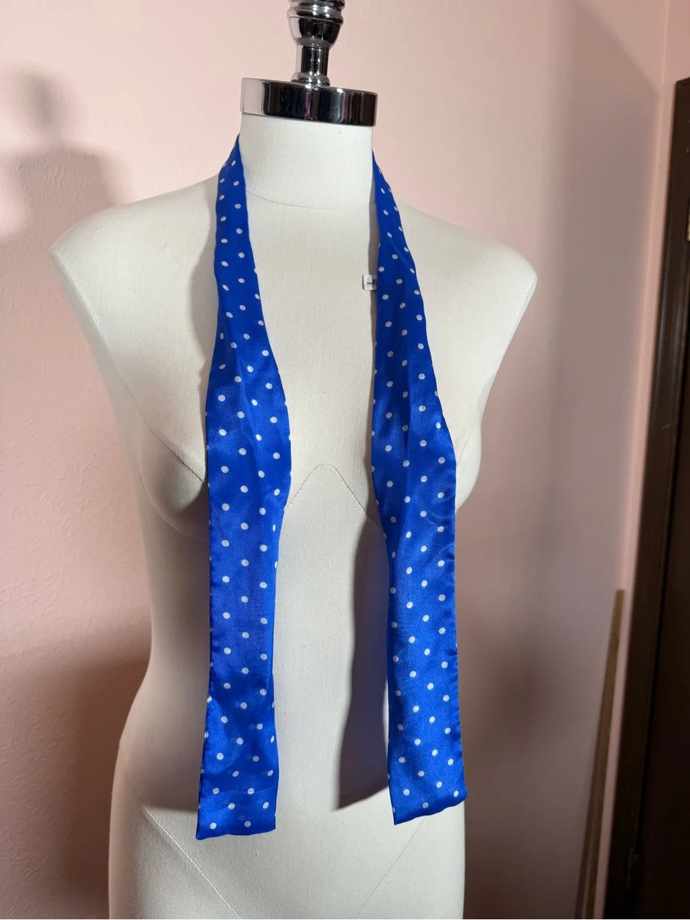Vintage specialty House Royal blue white polka dot Silk bow neck scarf Twilly